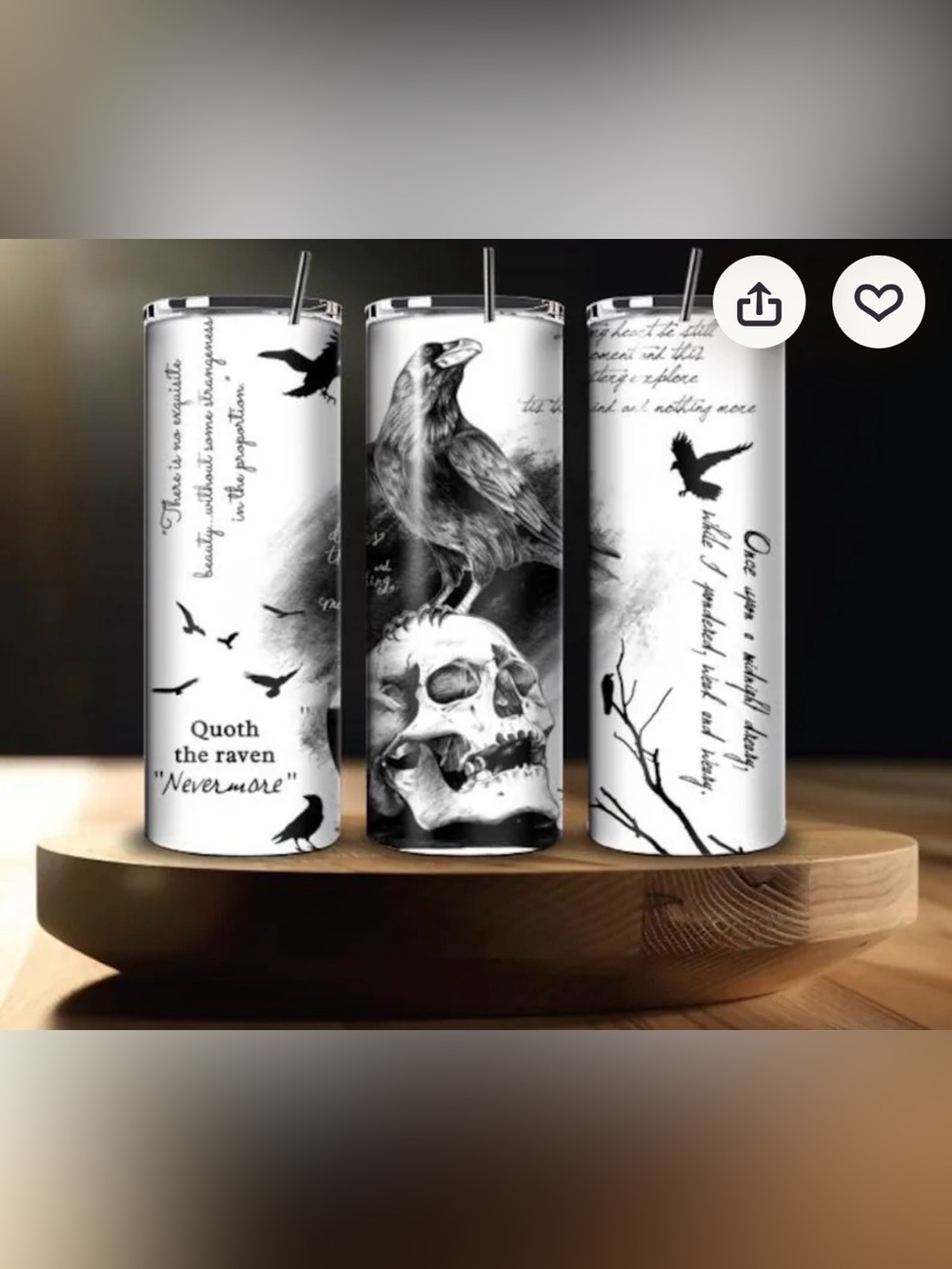 Raven & Skull Stainless Steel Tumbler - Black and White